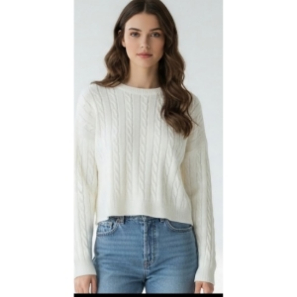 Apricot White Cable Knit Crewneck Sweater Women’s 12 NWT Cozy Winter Pullover